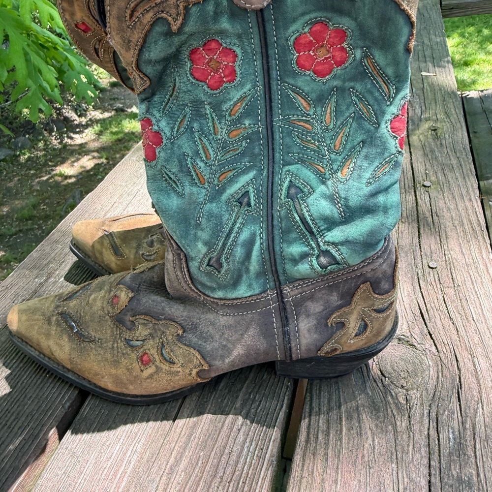 Dan Post Teal and Brown Embroidered Western Heeled Boots with Red Floral Accents - Picture 4 of 8